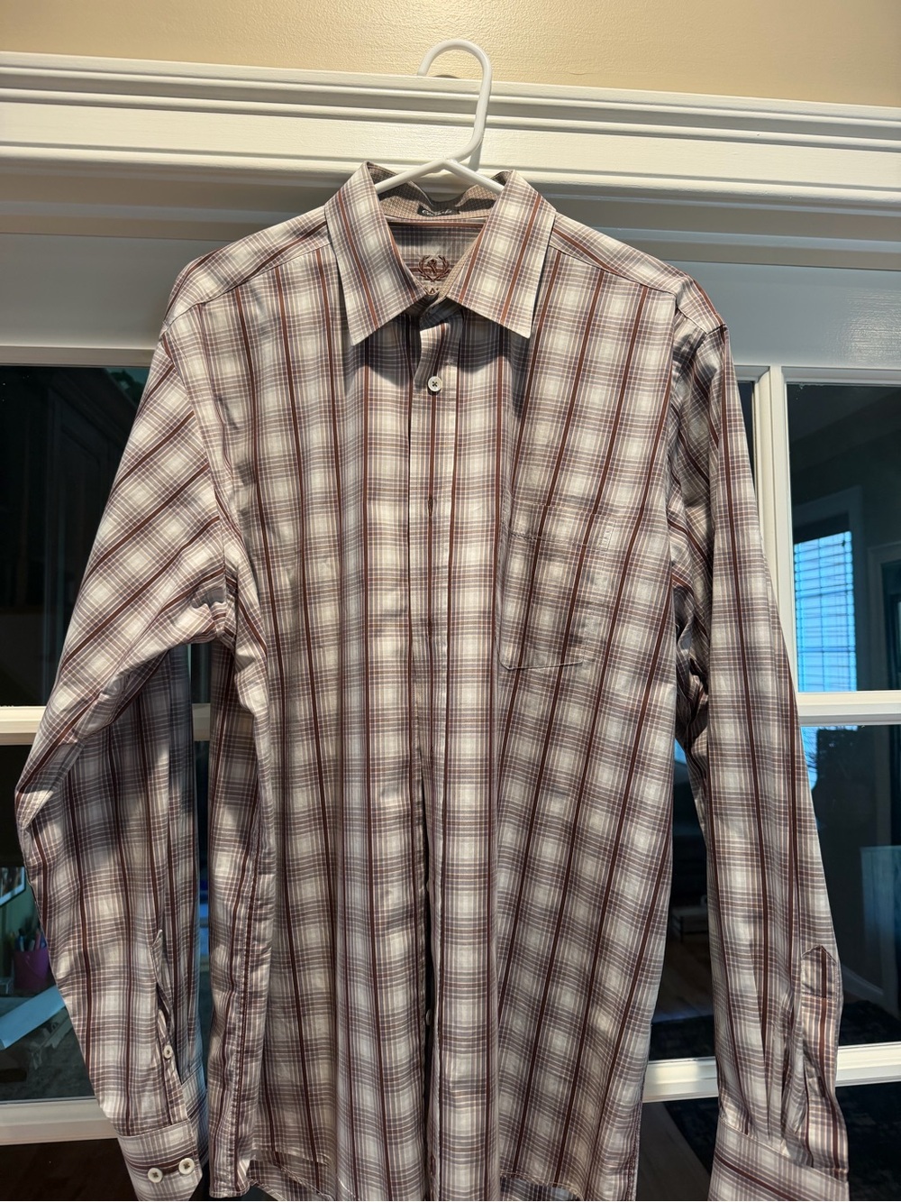 Bugatchi Men's Burgundy and White Plaid Dress Shirt